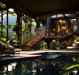 A home with a pool inside the mountains. A house with a pool in the middle of it
