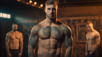 Fototapeta na wymiar Muscular and strong handsome young sporty man with tattoo on the body.