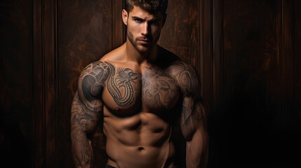 Fototapeta na wymiar Muscular and strong handsome young sporty man with tattoo on the body.