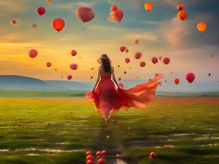 A woman in a red dress running in a field with balloons