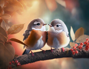 Two little birds sitting on the branch. Valentine Day love concept.