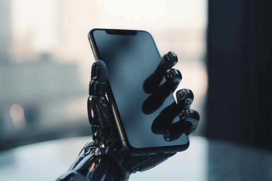 Animatronic hand smartphone. Modern and black robot holds new device. Generate AI