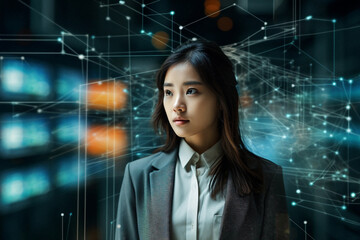 an asian business woman stands in a futuristic space analyzing data; holographic information and technology 