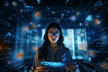 a young female astrologist analyzes data of the universe in a futuristic environment 