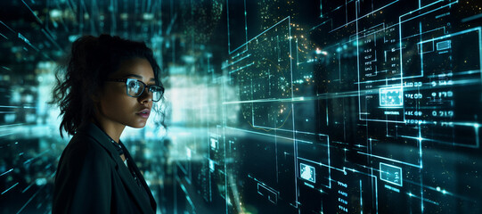 a young female scientist analyzes research data on a holographic screen 