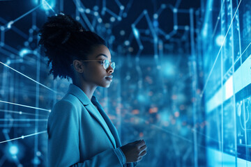 a young black female scientist analyzes data in a futuristic research space
