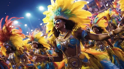 Foto op Plexiglas Rio de Janeiro Carnival festival and group of ladies in creative outfits in Rio de Janeiro. Beautiful samba dancers performing in a carnival with their band.