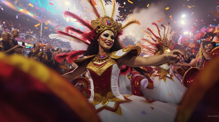 Carnival festival and group of ladies in creative outfits in Rio de Janeiro. Beautiful samba...