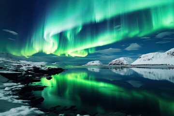 Beautiful Aurora Northern or Southern lights in starry night sky. Aurora borealis over the sky at islands. Night winter landscape with colorful scene, sea with sky reflection.