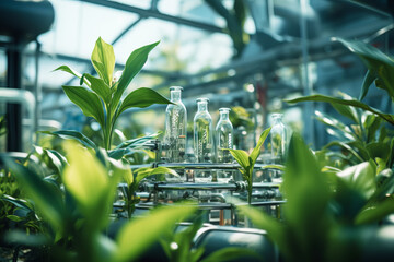 Futuristic biotechnology factory. Photobioreactor made of green plants connected by a hydroponic system - obrazy, fototapety, plakaty