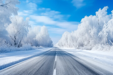 Fototapeta na wymiar Snowy winter road in a forest. Beautiful winter landscape. Cold landscape of Lapland. Europe forest. Roadway and route snowy street trip. Driving