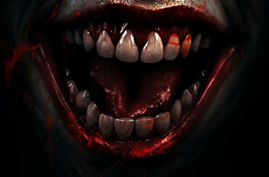 Blood mouth vampire horror face. Anti demon open design. Generate Ai