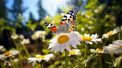 A summer day with the sun shining outside on a meadow brings to life a beautiful and colorful butterfly that is sitting on a flower.