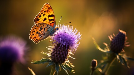 Obraz premium An image of a butterfly on a thistle with stunning natural colors against a background.