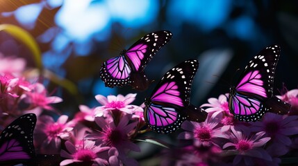 The background is adorned with tropical pink butterflies
