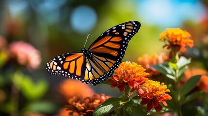 Naklejka premium The butterfly is stunning in a frontal perspective with a close cropped image of the blossom.