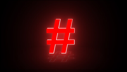 Neon glowing hashtag symbol icon sign isolated on black background. 3d render of hashtag icon. glowing hashtag sign.