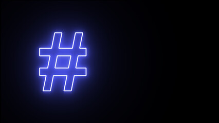 Neon hashtag sign. # icon. Hashtag realistic glowing blue neon letter against a black background. glowing Hashtag sign - colorful glowing outline symbol
