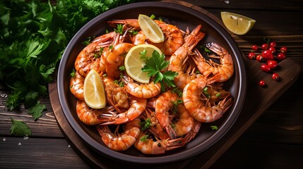 Cooked shrimps with green salad and lemon on a wooden table for a seafood meal are pictured from above.