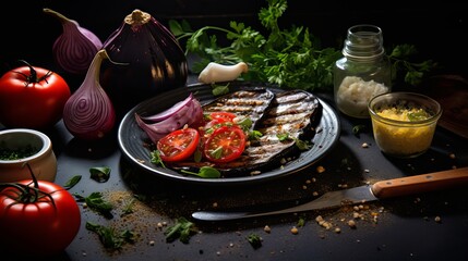 The bottom image shows a dish consisting of fish fry, fried eggplants, onion peppers, spices in small bowls, fork and knife, tomatoes, oil bottle, mint, and dill on a dark background.