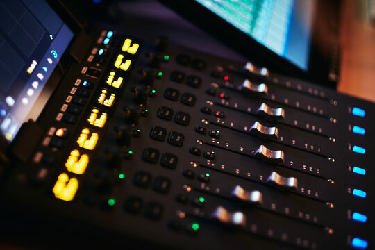 Mixing console at recording studio close-up