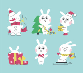 Christmas cute set of baby rabbits. Bundle of vector rabbit characters for children. Vector isolated illustration