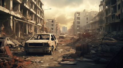Horrible war scene. Destroyed city with houses ruins, trash and burned cars. Buildings ruins due to war, bombing, terrorist attack - obrazy, fototapety, plakaty