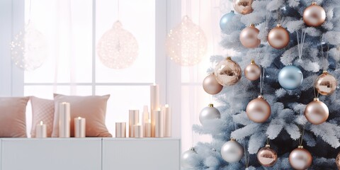 Christmas and winter celebration background wallpaper, Christmas tree and gift boxes in living room, Generative Ai