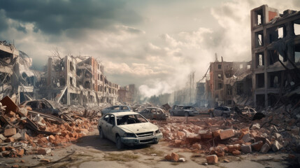 Horrible war scene. Destroyed city with houses ruins, trash and burned cars. Buildings ruins due to war, bombing, terrorist attack