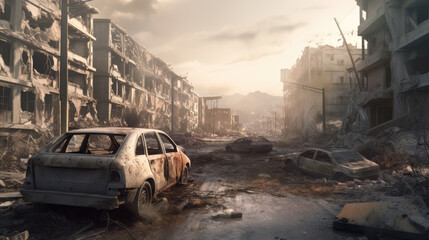 Horrible war scene. Destroyed city with houses ruins, trash and burned cars. Buildings ruins due to war, bombing, terrorist attack