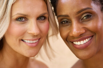 Close Up Beauty Portrait Showing Faces Of Two Smiling Mature Women Against Natural Background