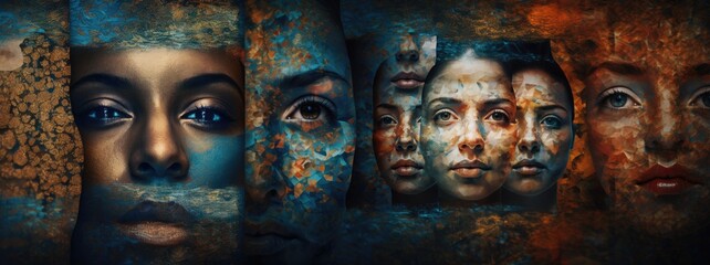 Abstract art kaleidoscope of human faces. Portrait of a person with painted face
