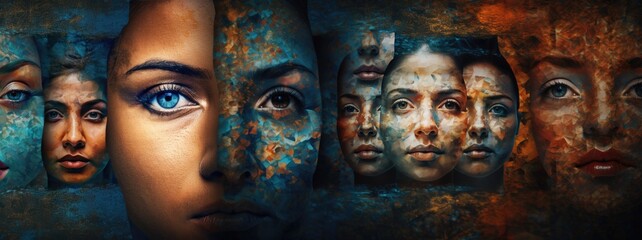 Abstract art kaleidoscope of human faces. Portrait of a person with painted face.