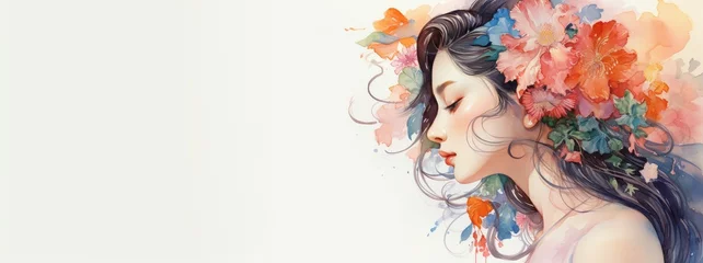 Poster Watercolor drawing of a Oriental woman's profile and colorful, delicate flowers. Tender watercolor portrait of a woman. The concept of femininity, beauty, the awakening of nature in springtime © Julia