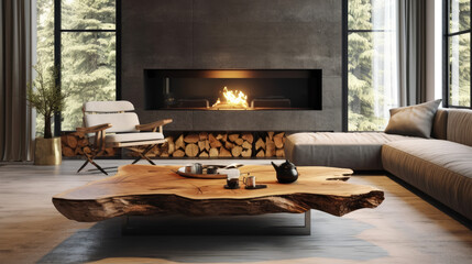Live edge accent coffee table between two sofas by fireplace, Scandinavian home interior design of modern living room in house in forest