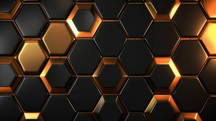 Luxury hexagonal abstract black metal background with golden light lines. Dark 3d geometric texture illustration. Bright grid pattern