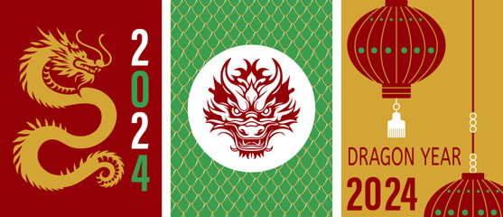 Chinese dragon poster set. Symbol of Chinese new year. Dragon zodiac banner collection with number 2024, dragon scale and traditional culture red lantern. Vertical composition.
