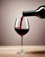 Red wine being poured into a glass on grey background