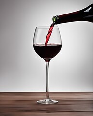 Red wine being poured into a glass red on a wooden table