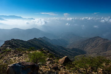 Dramatic and picturesque mountain landscape. Early morning in the Sarawat Mountains, Saudi Arabia.