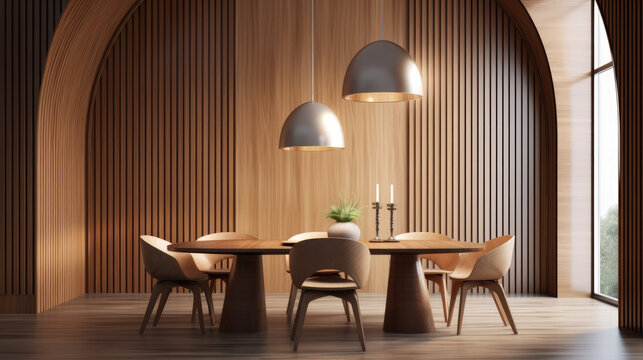 Minimalist interior design of modern dining room with abstract wood paneling arched wall