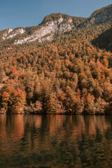 fall colors in the mountains and reflection on water