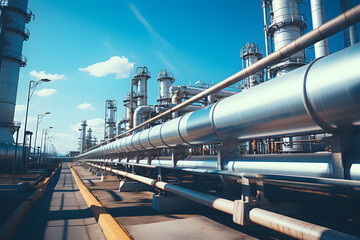 Close-up of pipeline and pipe rack in industrial zone of petroleum, chemical, hydrogen, or ammonia plant,