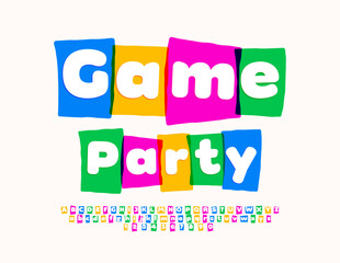 Vector colorful flyer Game Party.  Bright creative Font for Kids. Playful Alphabet Letters, Numbers and Symbols set.