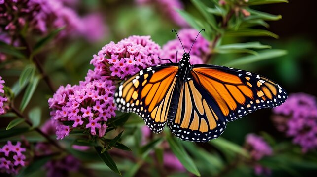 A garden surrounded by greenery is home to a monarch butterfly on a pink flower