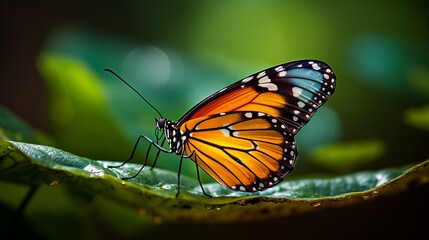 A macro shot of a butterfly that is colorful and on a leaf