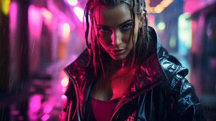 Cyberpunk street warrior portrait, neon-drenched alleyway, reflective rain-soaked asphalt, cybernetic implants glowing