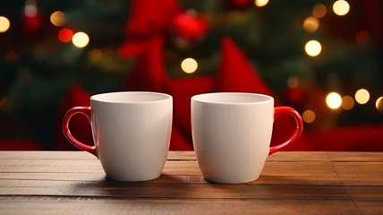 Deurstickers White ceramic coffee cup and christmas decoration on woon table background. © Samvel