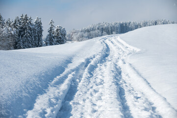 Fototapeta na wymiar Path through the snow on a sunny day