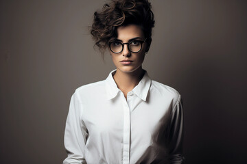 Fototapeta premium Fashion-forward hipster portrait, androgynous model in thrift-chic attire, statement eyewear, minimalist studio backdrop